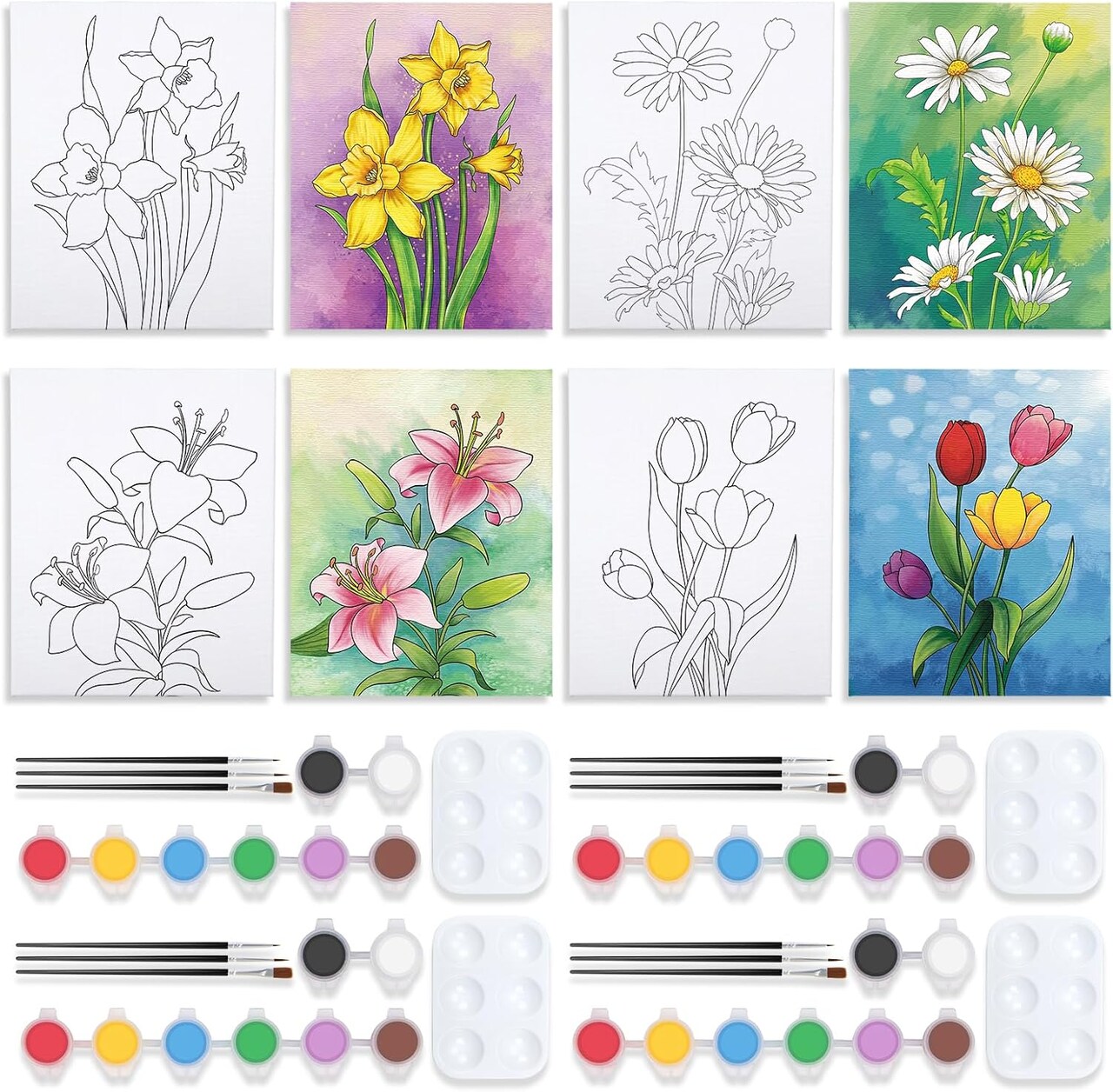 4 Pack Sip and Paint Kit, Pre Drawn Canvas for Painting for Adults Kids Pre Printed Canvas to Paint Party Supplies Girls Night Games Date Night Art Set Flower Theme 8x10 in
